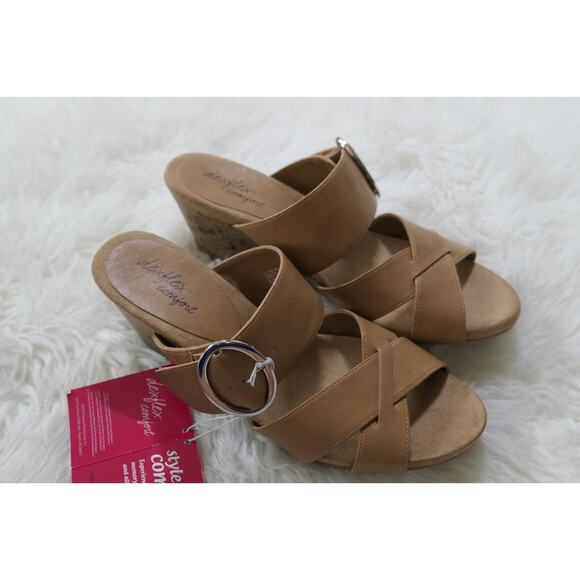 NWT Dexflex Comfort Sandals Women's Size 10 Tan Slip On Cross Strap Wedge Heel - Picture 1 of 11